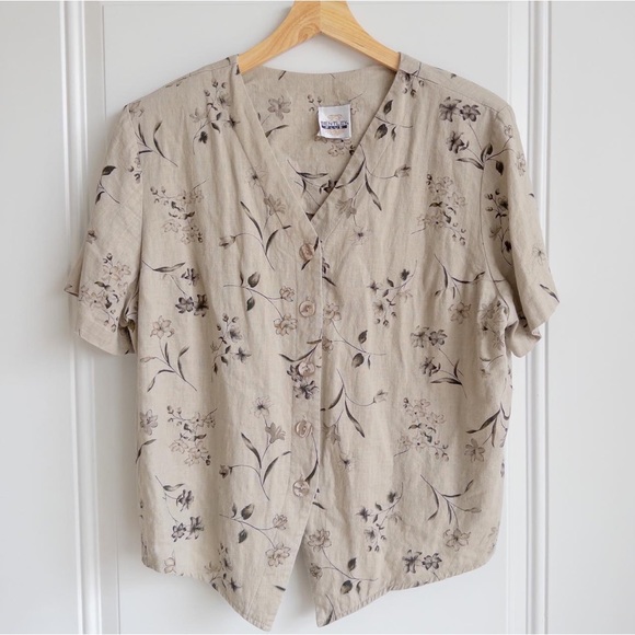Vintage linen floral button down short sleeve blouse - Picture 1 of 6